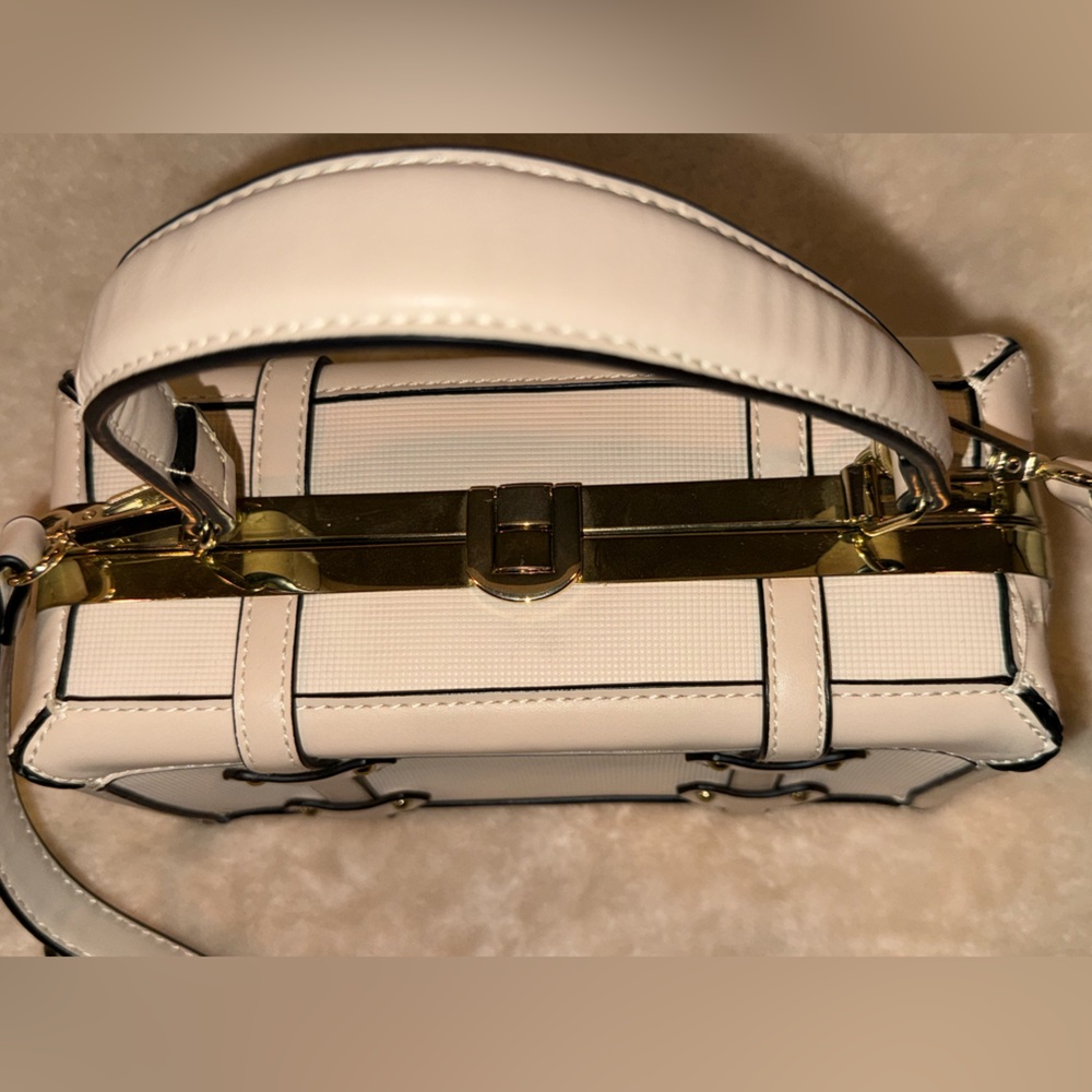 Structured Faux Leather Cream Mini Suitcase Trunk Buckle Crossbody Handle Bag - Picture 4 of 10